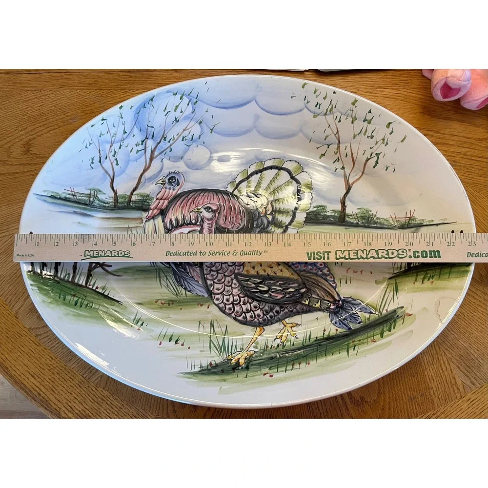 FB Co Italy Hand Painted Turkey Platter Large Oval Thanksgiving Serving Dish